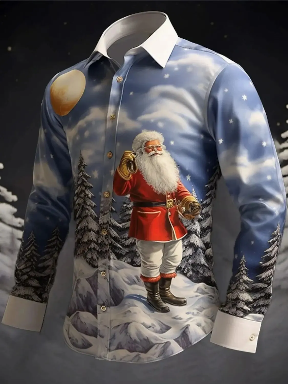 Camisa De Navidad Divertida Para Hombre, Manga Larga, Estampada Y Corte Ajustado, Ideal Para Fiestas Navideñas