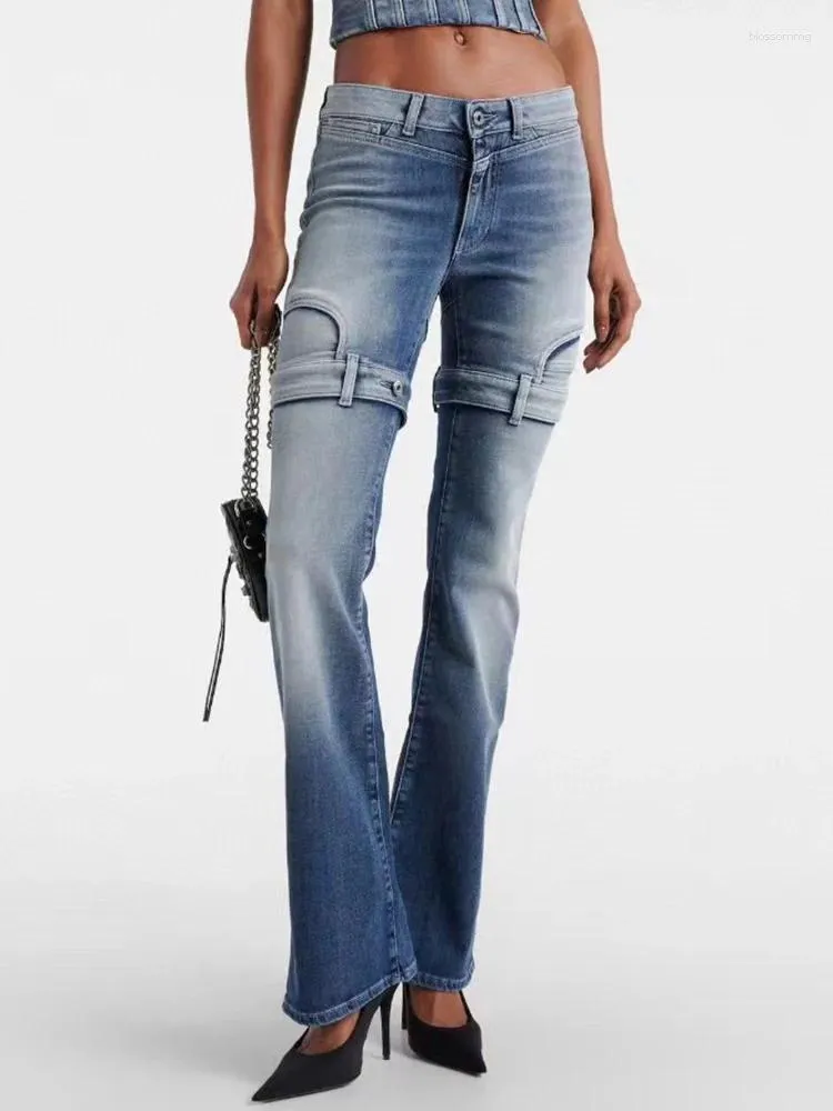 Kvinnors jeans designer retro gör gammalt tvättvatten snörning 2024 sommar mode lyx allt med små flare byxor