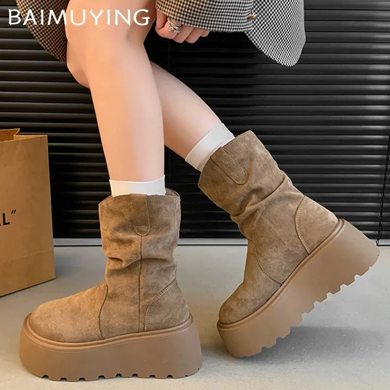 Suede Platform Women Ankle Boots Er Mid Heels Shoes Trend Walking Non Slip Winter Botas De Mujer 241118_voghion.com