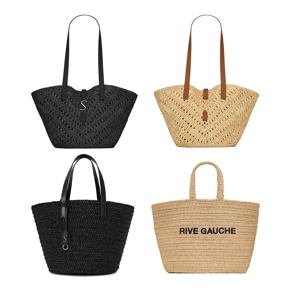 Klassisk rive gauche sommarrese strandväskor kvinnor stora halmhandväskor duffle väska hobo designer axel totes raffia halm vävning tot korgväskor