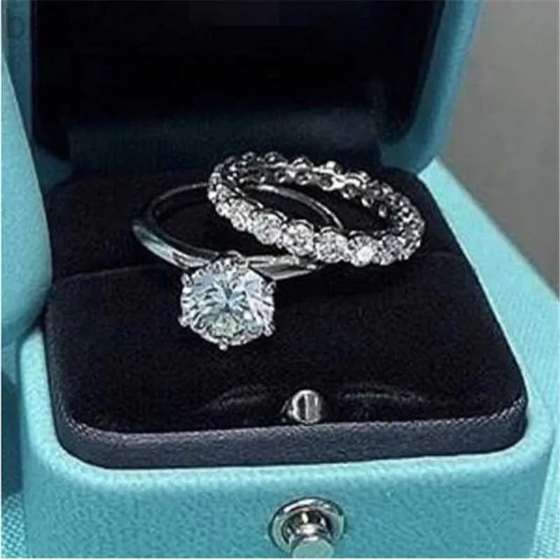 Solitaire Ring markası Promise Yüzük Seti Gerçek 100% 925 STERLING Gümüş Pırlanta Nişan Düğün Bandı Kadınlar için Parmak Takı D240419