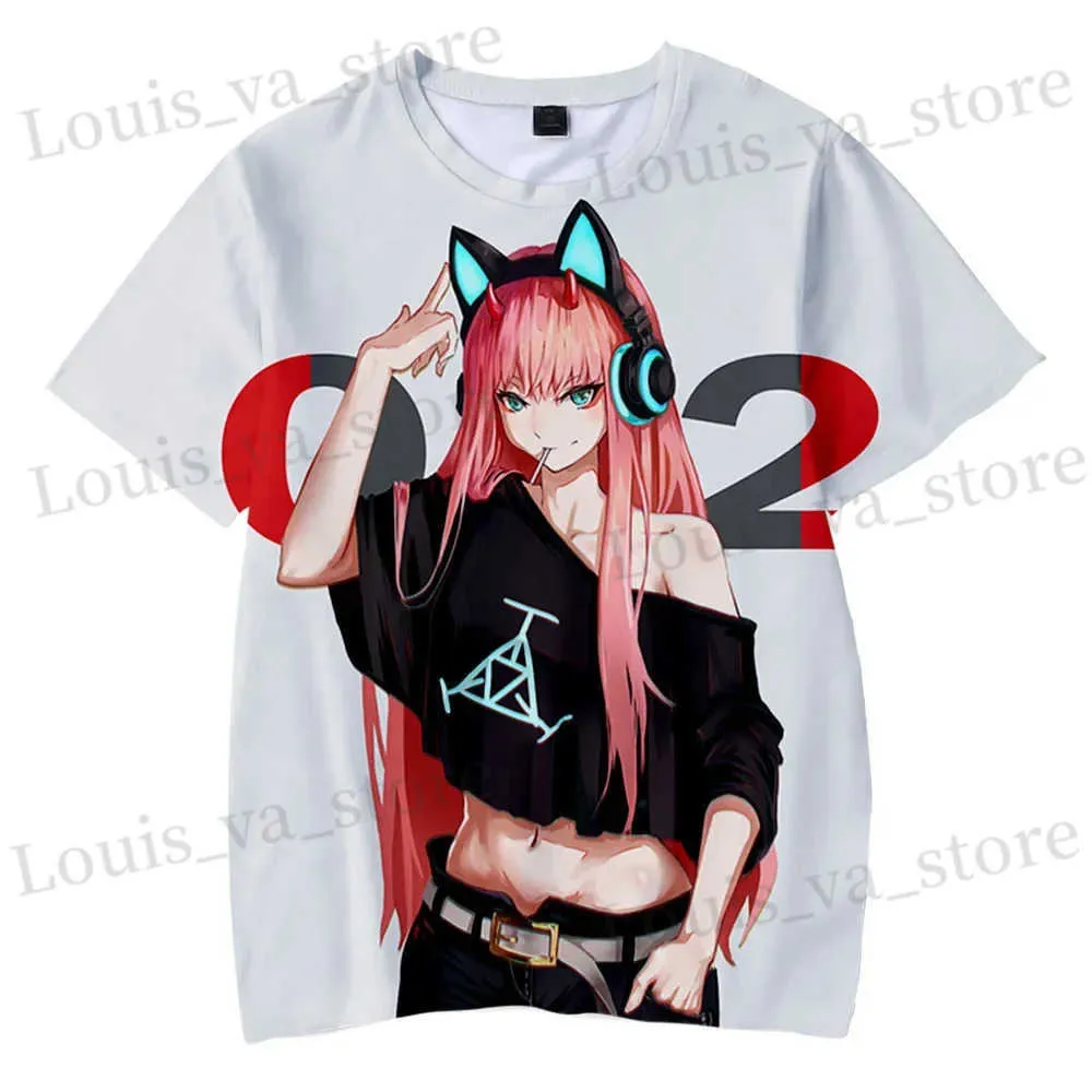 T-shirts masculins Nouveaux chéris dans le Franxx hommes et femmes anime 3d imprimé strtwear girl zéro deux cosplay t-shirt harajuku ts vêtements surdimensionnés t240419