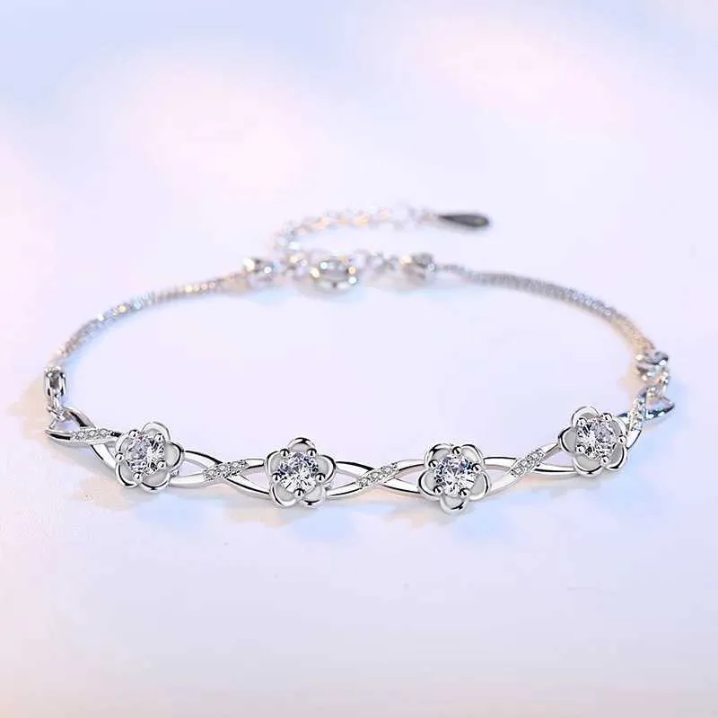 Chaîne Authentic S925 STERLING Silver Crystal Vintage Plum Blossom Flower Bracelet Brangle For Women Girl Lady Wedding Birthday Gift D240419