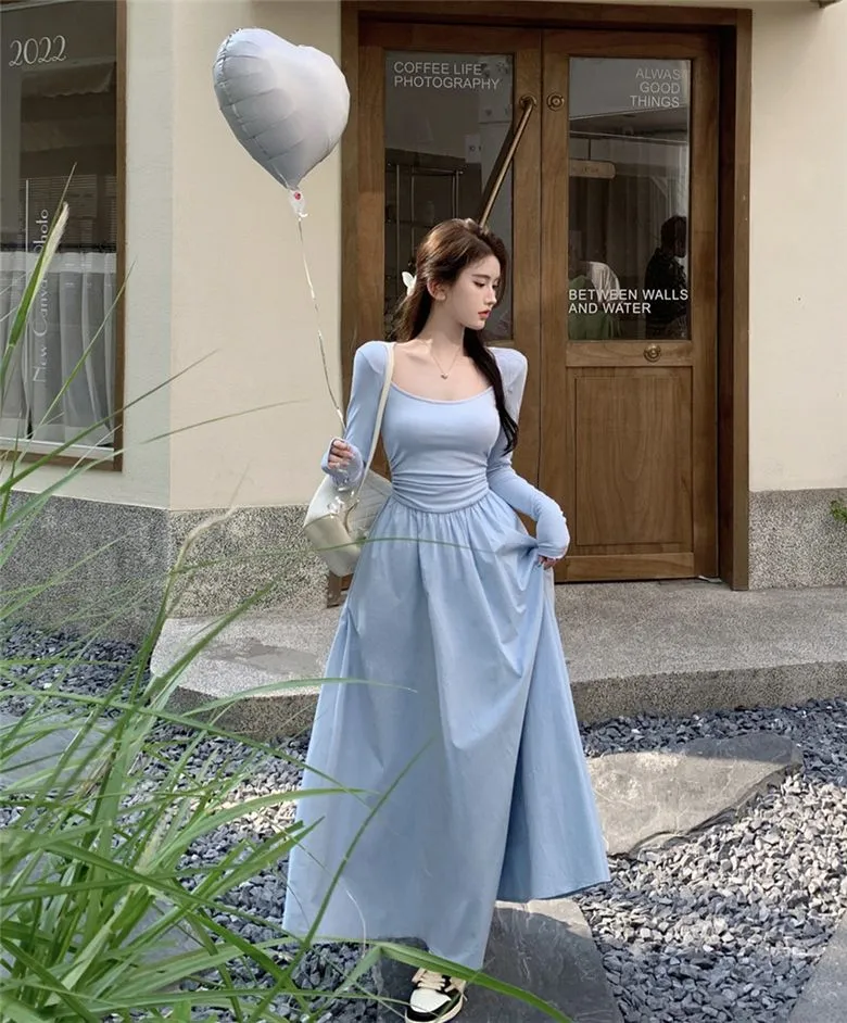 Women long sleeve blue cotton blend empire waist ankle-length maxi dress  with square neck from Dhgate Basic & Casual Dresses - price 30.67