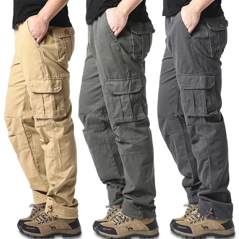 Сплошные хлопковые многофункциональные карманы мужские брюки с прямыми грузовыми брюками. Слушанные повседневные наружные брюки Мужские рабочие брюки на открытом воздухе уличная одежда 240408