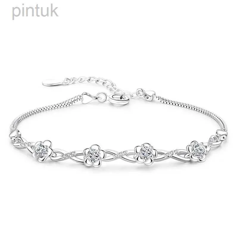 Chaîne Authentic S925 STERLING Silver Crystal Vintage Plum Blossom Flower Bracelet Brangle For Women Girl Lady Wedding Birthday Gift D240419