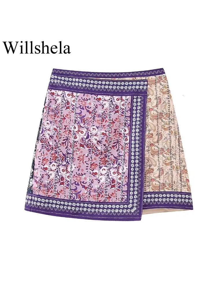 Willshela Women Fashion Printed Side Zipper Mini Skirt Vintage High Waist Asymmetrical Female Chic Lady Skirts 240419