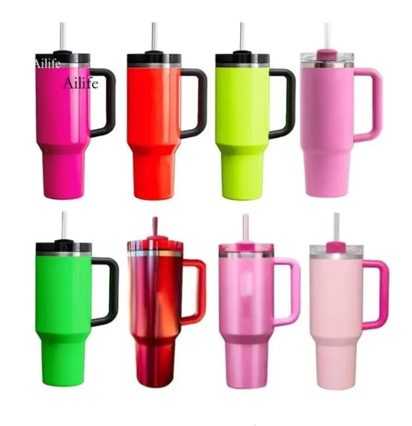US STOCK Holiday Red Winter Cosmo Pink Quencher H2.0 40Oz Tumblers Cups Silicone Handle Lid Straw Car Mugs Water Bottles 0425
