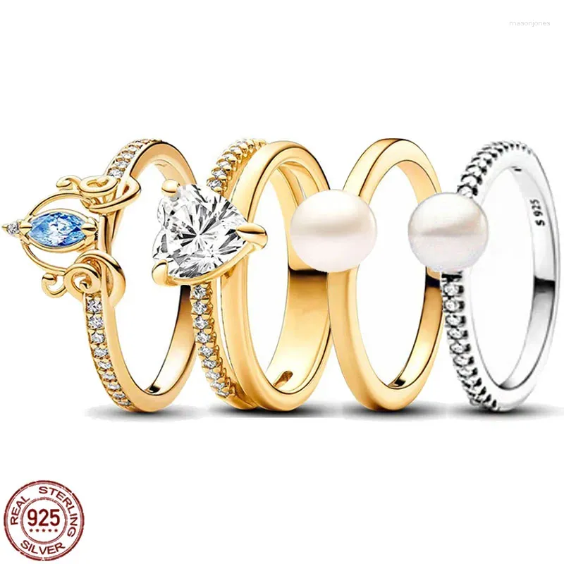 Anelli a grappolo classici 925 sterling argento lucido lucido a forma di cuore carrello perle anello perle squisite fascino di lusso da donna regalo di gioielli