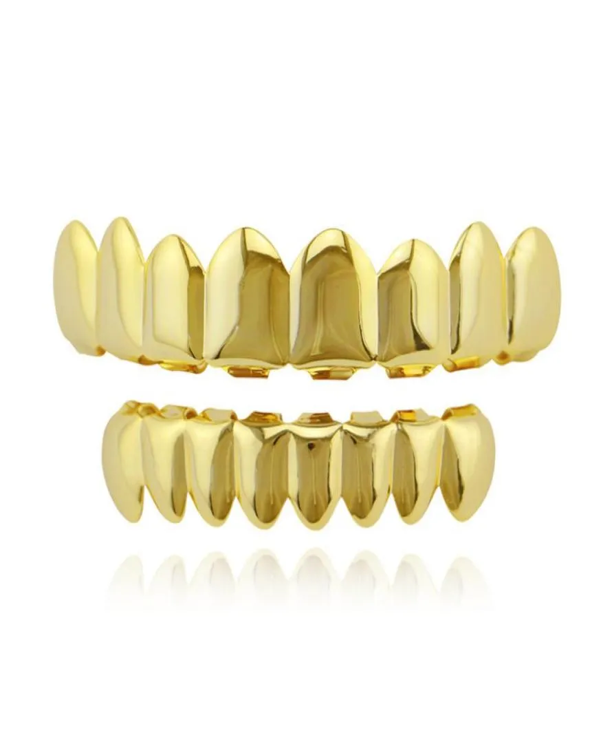 HIP HOP Gold Teeth Grillz Top Bottom 8 Teeth Grills Dental Cosplay Vampire Tooth Caps Rapper Party Jewelry Gift XHYT10071108101