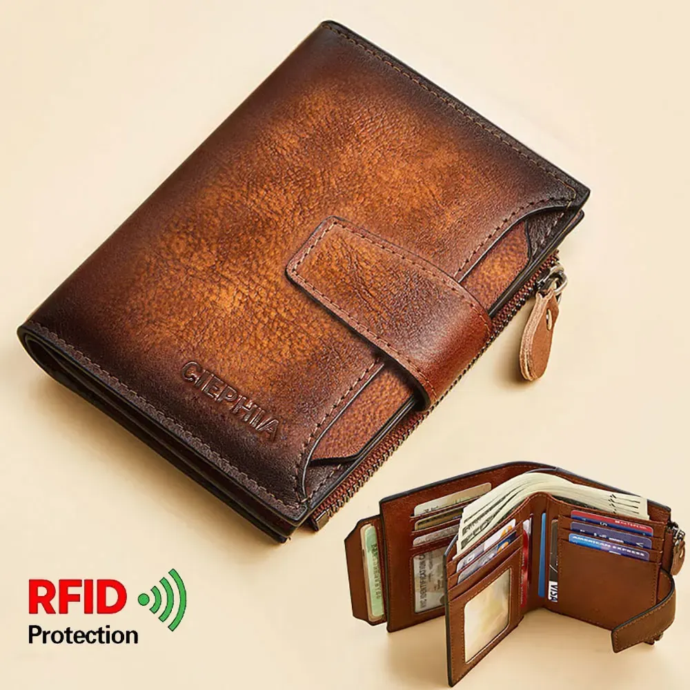 Brieftaschen Herren echter Leder Brieftet Vintage Kurzer Multi -Funktions -Visitenkartenhalter RFID Blockierende Reißverschluss Münzpocket Money Clip