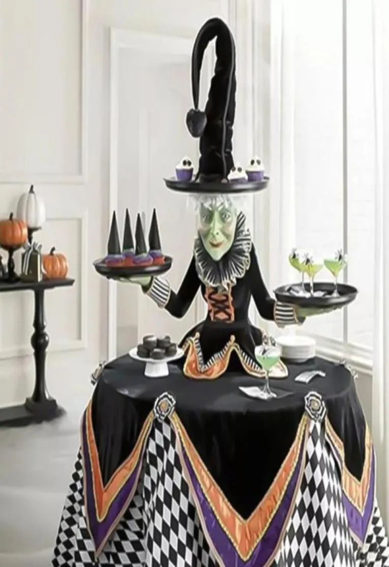 Gerichte Teller Halloween Witch Tabletop Server mit Harlequin Tischdecke Cupcake -Display Ständer Home Dekoration Harzstatue Trayd915549555