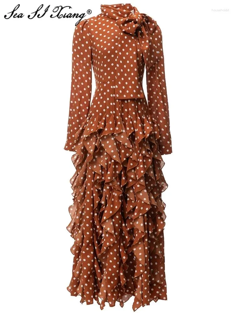Повседневные платья Seasixiang модельер Spring Long Dress Женщины шнурки с воротником рукав Dot Print Ruffles Vintage