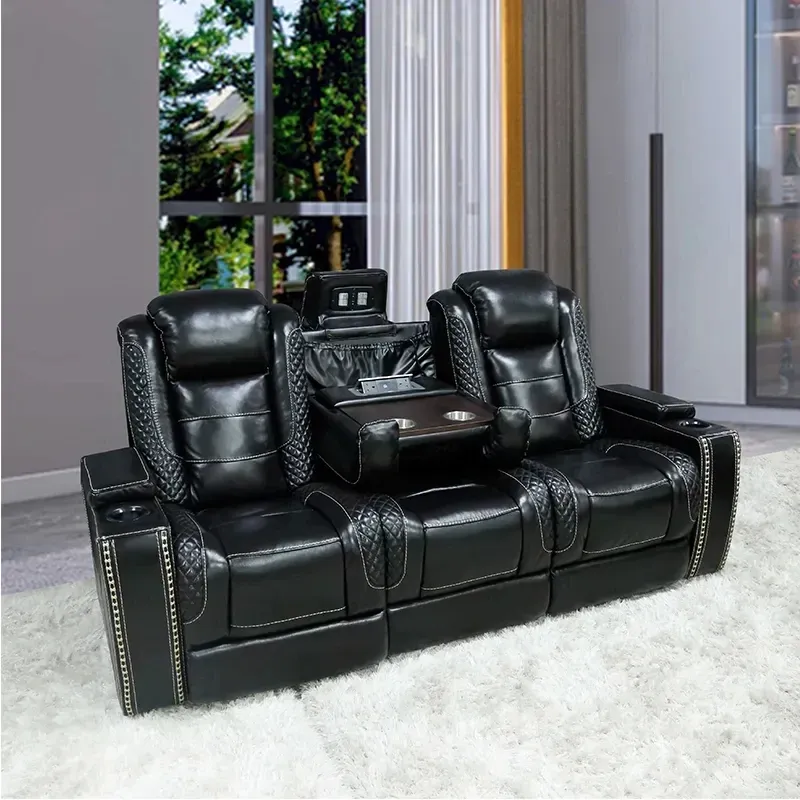 Factory Direct Sale New Design Home Living Room Power Motor Recliner Black Sofa Upholstery 3 Seater VIP Cinema Theater Seats