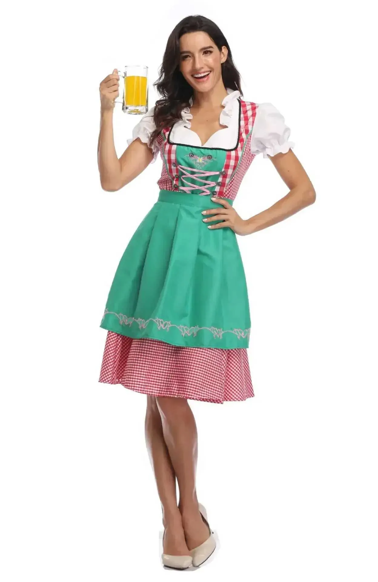 ALT3 Vêtements ethniques Femmes Oktoberfest Costume Bavarian National Plaid Dirndl Robe avec tablier