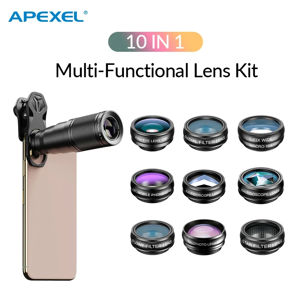 Telescópios Apexel Novo 22x Telescope telefoto 10in1 Kit de lente telefônico 15x Macro 0,63 Lente de filtro de ampla angular CPL para iPhone Samsung Xiaomi