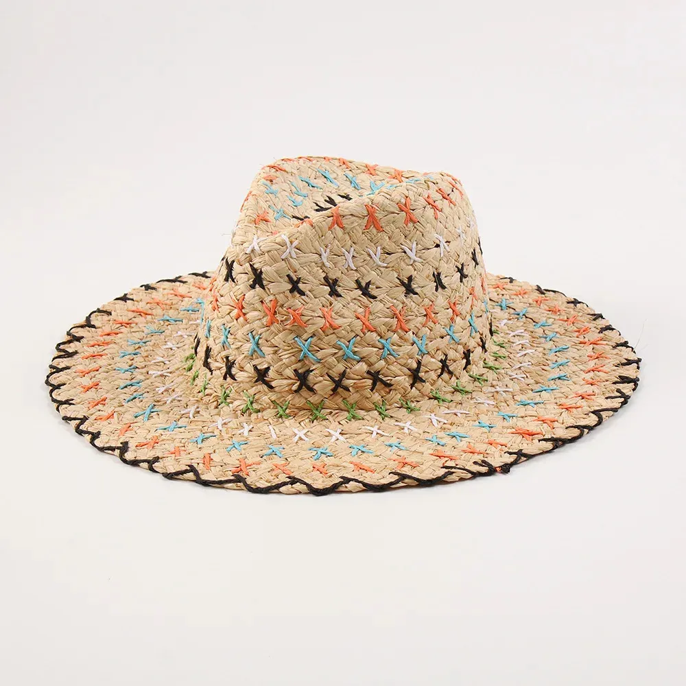 Europejska amerykańska ręcznie tkana Lafite Beach Straw Hat Women Elegancki słoneczny kapelusz Visor Raffia Fedora Hat 240412