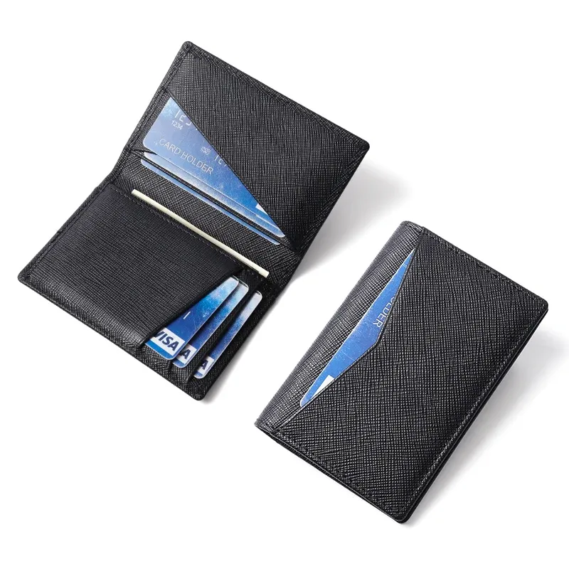 Carteiras 100% Covilhas RFID Bifold Small Card Cartet para homens Contraste Color Slim Cross Pattern Pattern Genuine Leather Men's Credit Card Titular