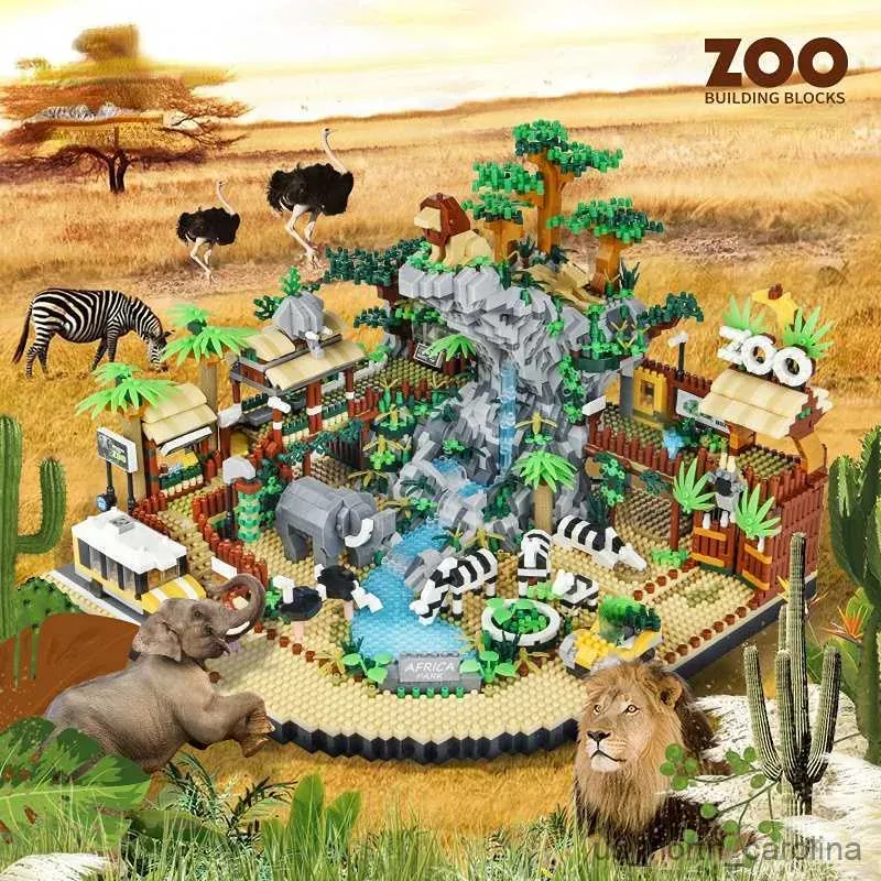 Blokken blokken Zoo Desert Park Bouwstenen Olifant Lion Zebra Dieren blokkeert speelgoed voor jongens Girls Gift Diamond Construction Toys R2309