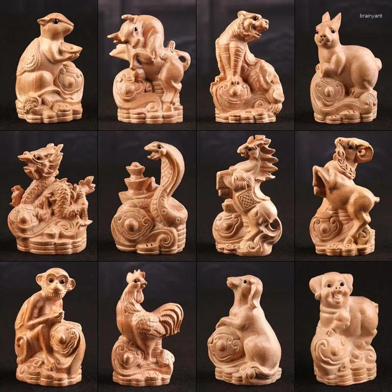 Figurine decorative in legno pesca dodici dodici zodiacale in legno intagliato bue tigre drago serpente cavalle di pecora da pecora da scimmia tavolo da maiale di pollo