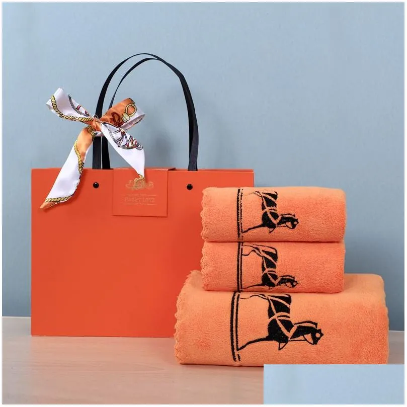 Towel Three-Piece Orange Annual Meeting Gifts Embroidered Company Employee S Wedding Favors Drop Delivery Dhopy