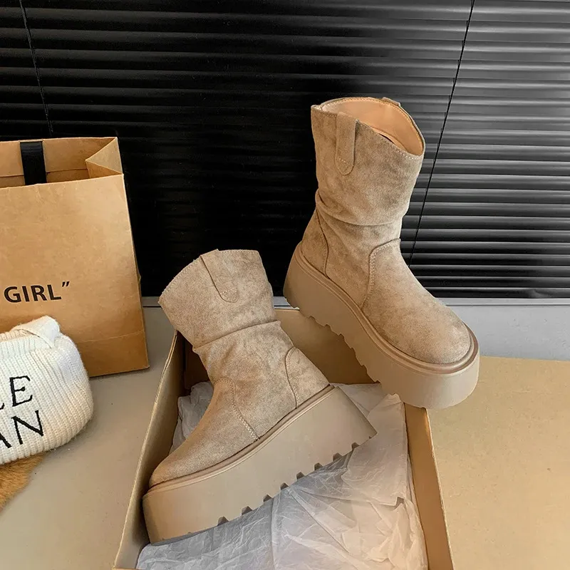 Suede Platform Ankle Boots For Women Mid Heel Walking Shoes Non Slip_voghion.com