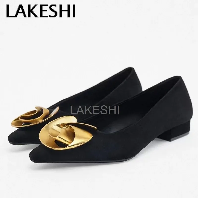 Lakeshi Flats Flats Sandals Modna design metalowy buty na niskie obcasy wiosna letnia biuro sukienka imprezowa buty czarne pionowane palce 240412