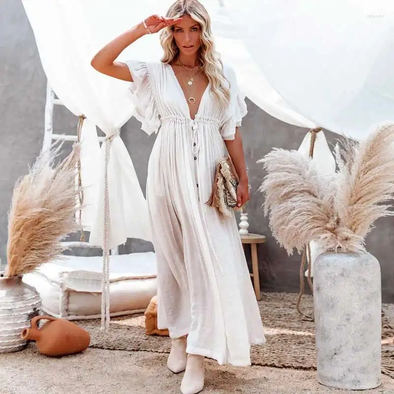 Robes de fête Boho Inspired White Cotton Robe d'été V-col