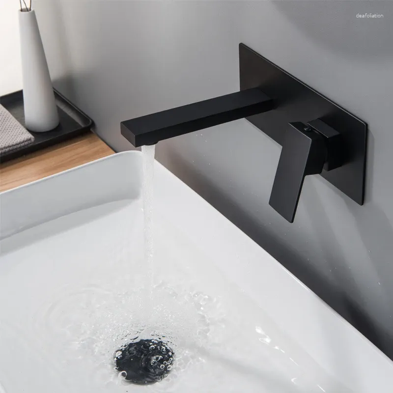 Bathroom Sink Faucets Matte Black Wall Mounted Basin Faucet Square Bathtub Single Handle Solid Brass & Cold Mixer Tap