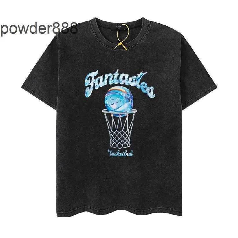 2024 High Street Summer New Half Sleeved Crystal Basketball Print Washed Old Loose Short Sleeved T-shirt