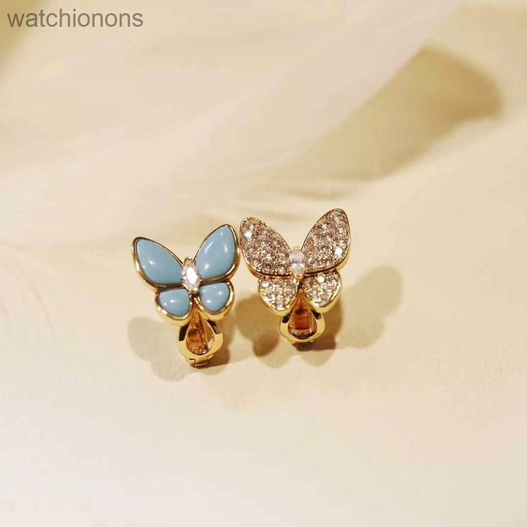 Kvinnors toppklass Vancellelfe original designer örhängen vgold fjäril örhängen kvinnor blå diamant inlagd asymmetriska högdiamantsmycken med logotyp