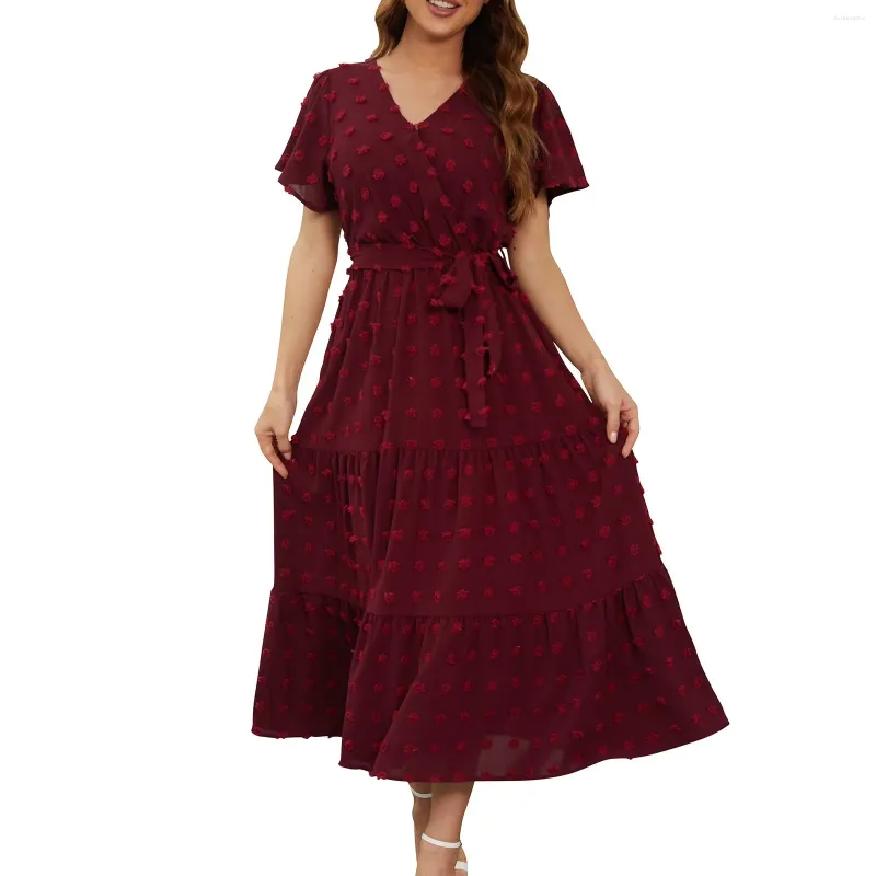Bohemian Polka Dot A-Line dress for Women - Casual, Formal, and Fashionable with Wrap V-Neck, Short Sleeves, Solid Color Tie, Layered Fabric, or Flowy