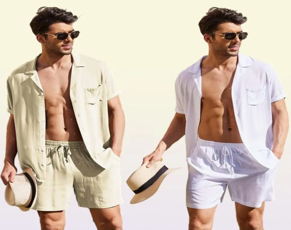 Sommer -Baumwoll -Leinenhemd -Set -Herren scloser Outdoor 2 -teiliger Anzug Andhome Kleidung Pyjamas bequem atmungsaktiver Strand Kurzarm Sets 23581528