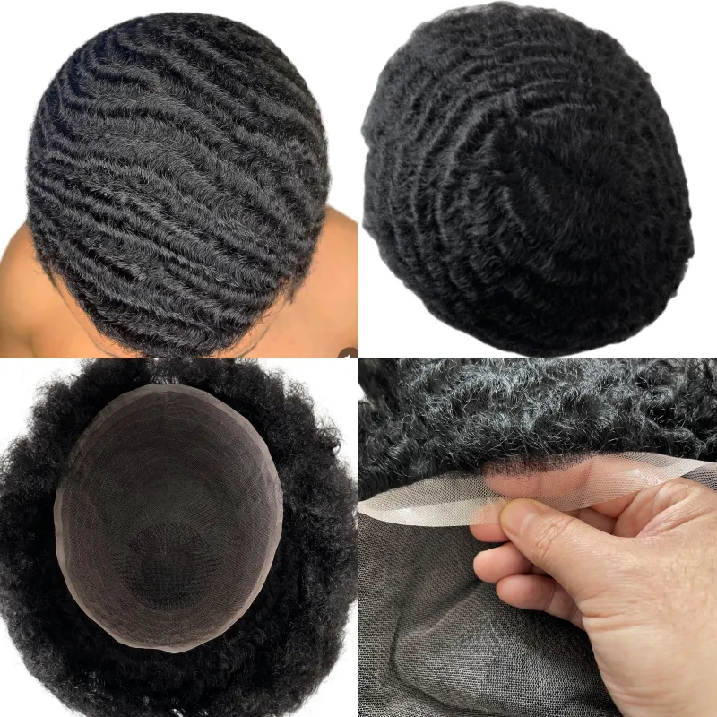 Malaysian Remy Human Hair Hairpieces #1b Off Black 10mm Wave 8x10 Toupee Full Lace Unit for Black Men