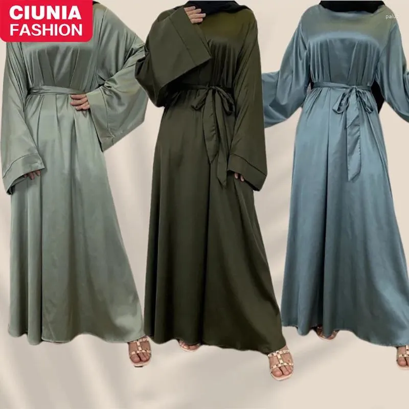 Ethic Ostrocie Długie sukienki z rękawami Abaya dla kobiet satynowe Sumne Summer Dubai muzułmańskie skromne szatę kimono Ramadan Islamski
