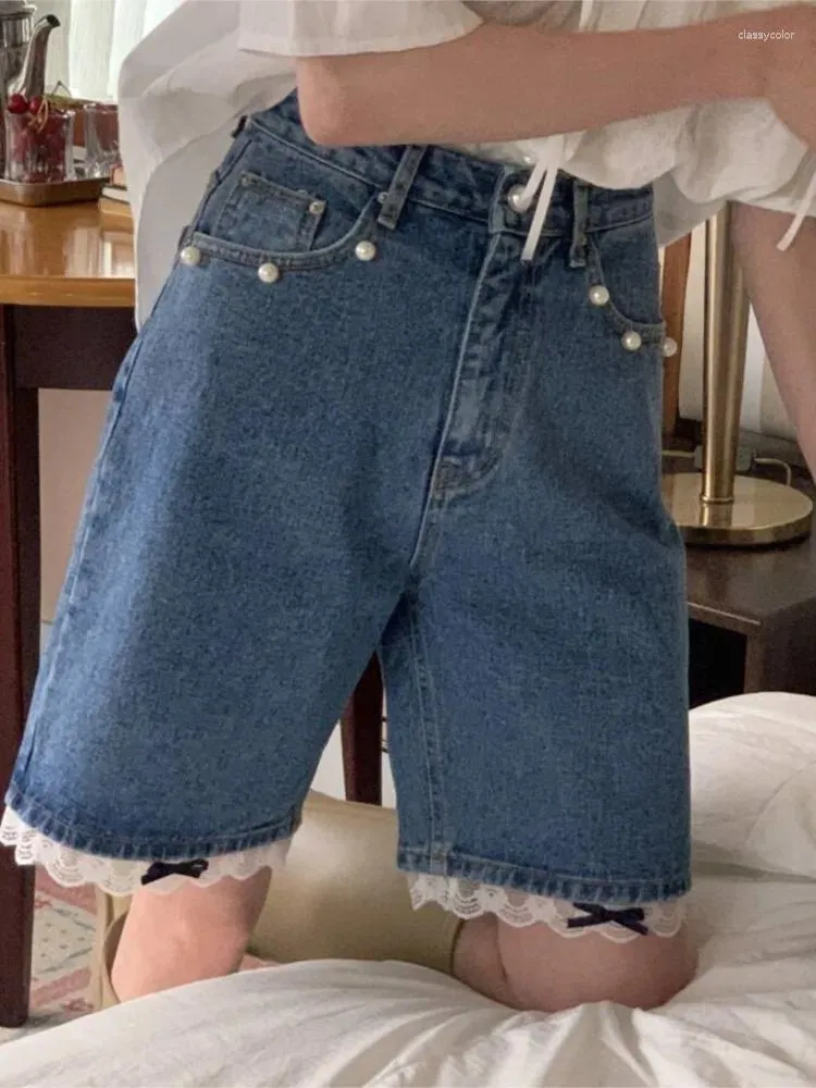 Kvinnors shorts jeans vår sommar mini kvinnor spets pärla lapptäcke mode hög midja damer byxor koreansk stil lös kvinna