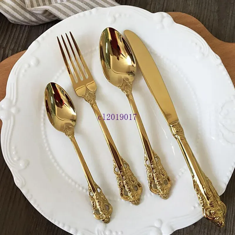 Vintage Western Gold Plated Cutlery Dining Knives Forks Teaspoons Set Golden Luxury Dinnerware Engraving Tableware