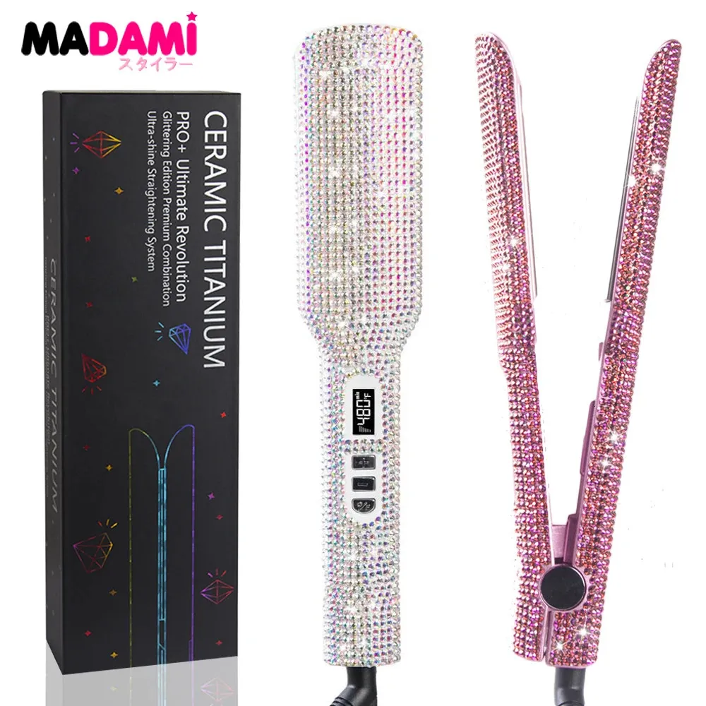 Rhinestones Flat Iron Professional Hair Strainener Curler Hand Made Crystal Diamond med LCD -skärm Wide Plate Irons 240401