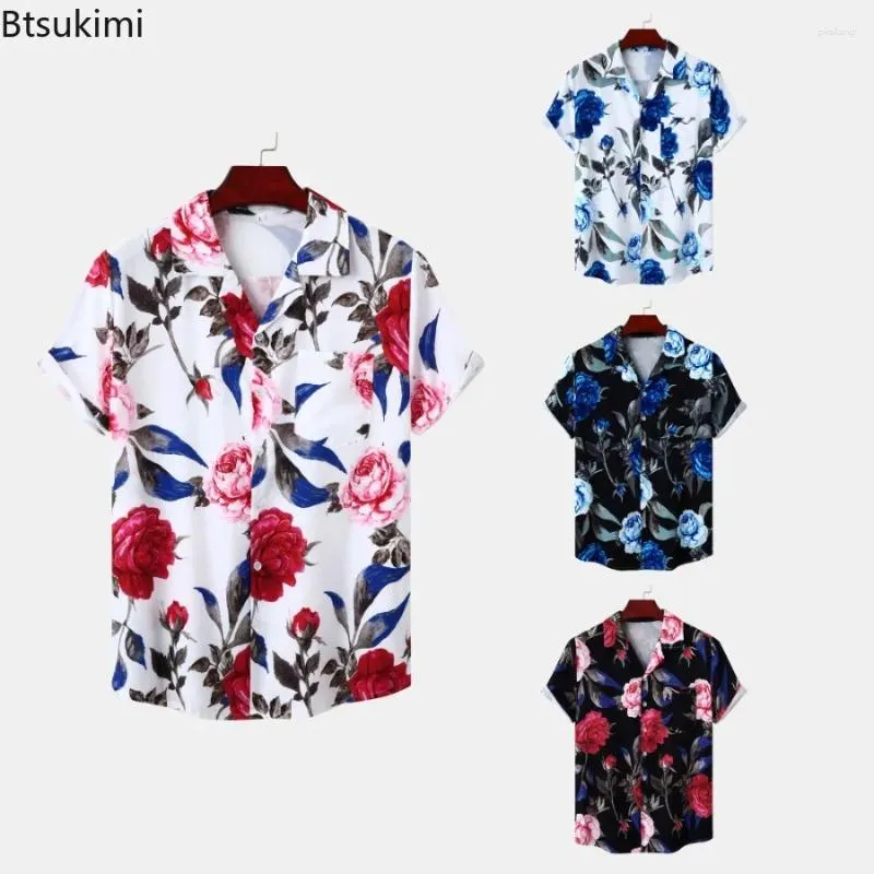 Herren lässige Hemden 2024 Hawaii Stil Männer Trend Roseabdruck Kurzarm Tops Man Holiday Männliche Strandhemd Bluse Streetwear