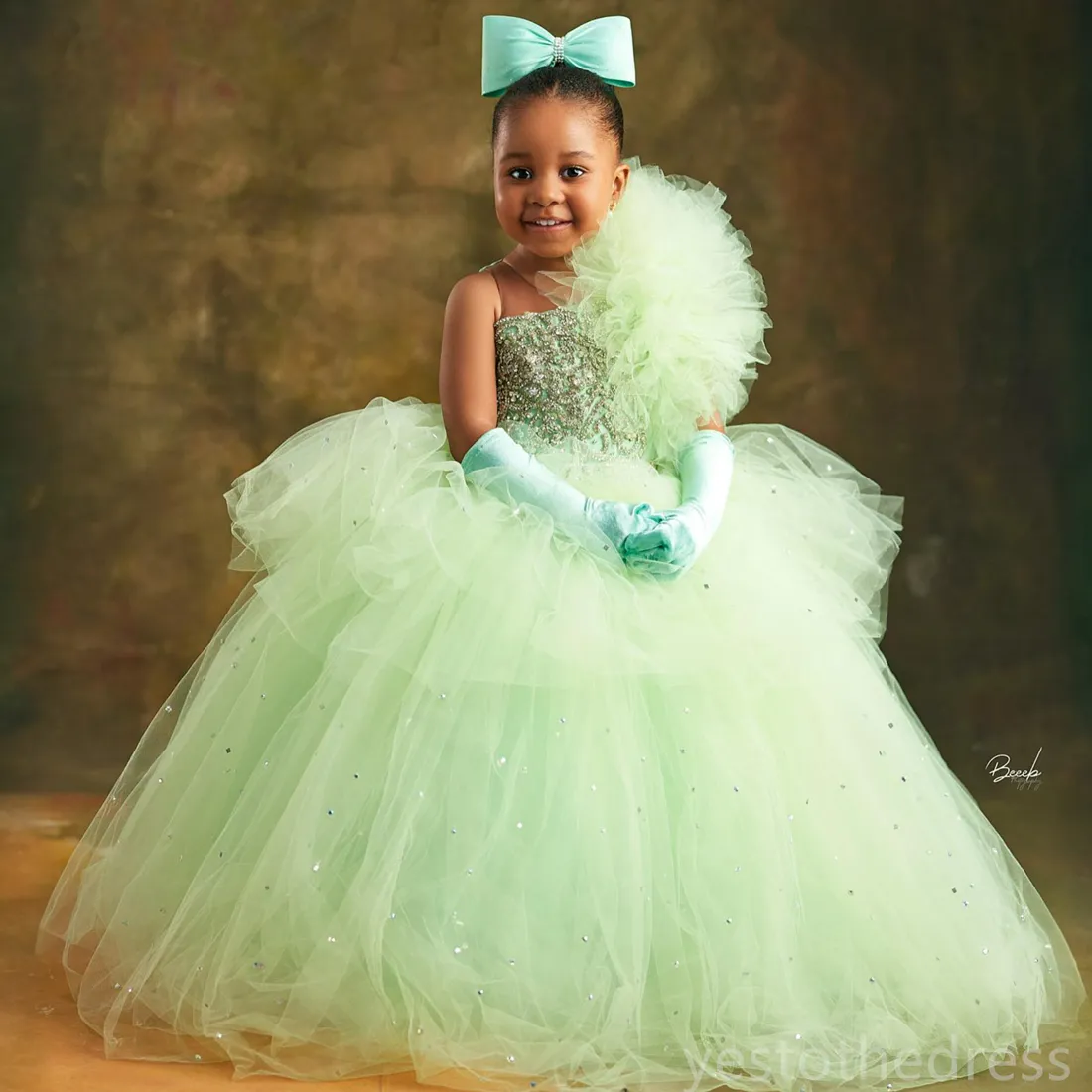 green birthday dress Luxury Green Girl Dress One Shoulder Satin Dubai Kids Gown J368 Green / child-6