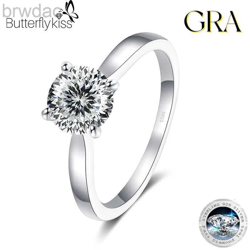 Pierścień Solitaire Butterflykiss Real 925 srebrny 2ct moissanite Pierścień dla kobiet okrągłe genialne diamentowe filmy zaręczynowe D240419