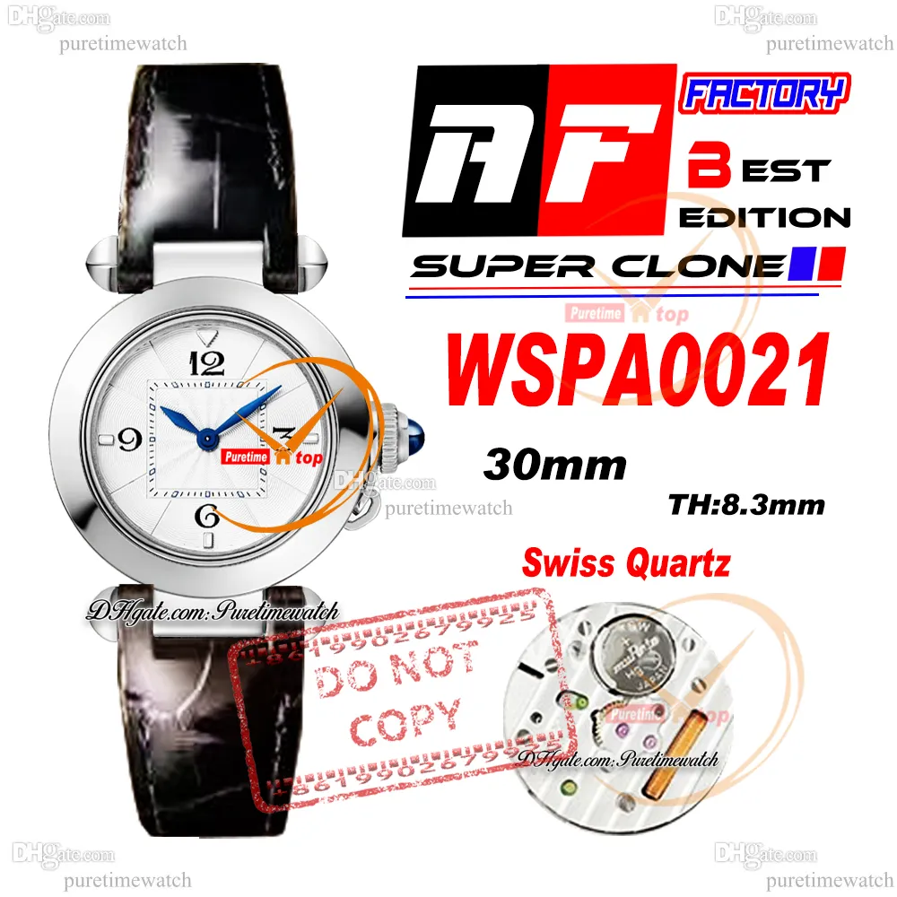 Pasha WSPA0021 Szwajcarski kwarc Watch Watch AF 30 mm stalowa obudowa biała teksturowanie Czarna skórzana pasek Panie zegarki Lady Super Edition RelOJ de Mujer Pureteime Ptcar