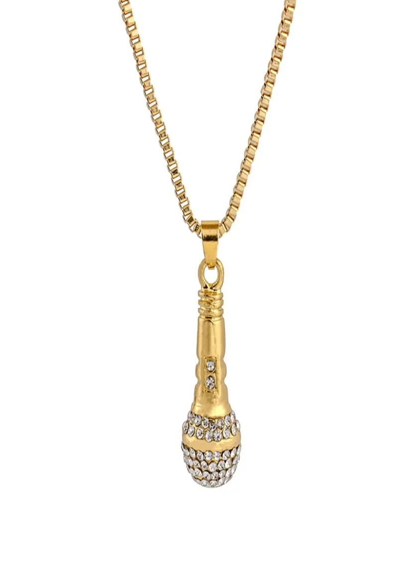 Hip Hop Gold Color Titanium rostfritt stål is ut bling musik stereoskopisk mikrofonhänge halsband för män smycken3262166