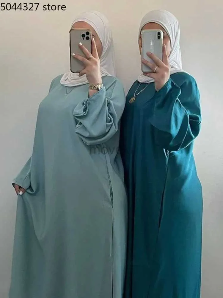 エスニック服ラマダンイードサテンアバヤドバイターキースリーブイスラム教徒のヒジャーブドレスプレーンプレーンイスラム衣類カフタンローブD240419のためのアバヤ