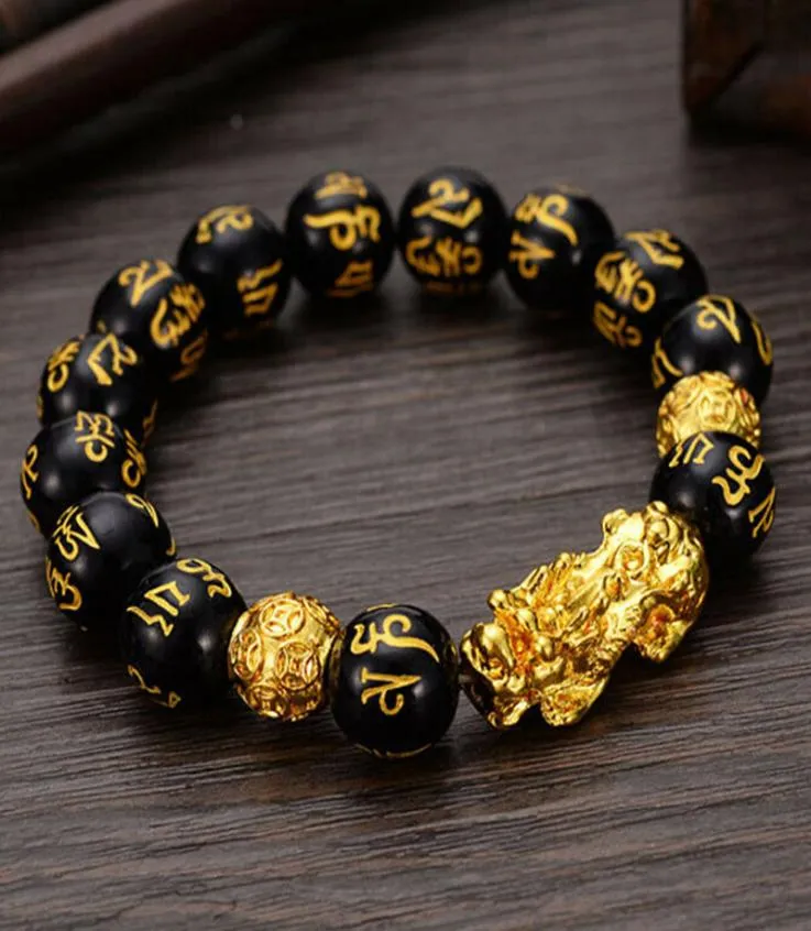 Feng shui obsidian sten pärlor armband män kvinnor unisex guld svart rikedom och lycka kvinnor armband2616597