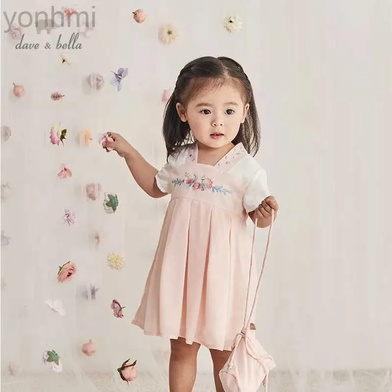 Girl's Dresses DBM13094 dave bella summer baby girls Chinese style floral dress with a small bag party dress kids infant lolita 2pcs clothes d240423