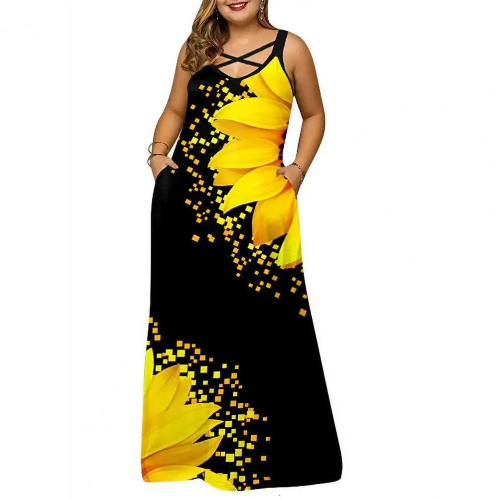 2023 VNECK CROSS GRAPS SOMMER KLEID KLEIDE Women Kurzarm Ärmelessen und Taschen Gradientendruck Maxi 240412