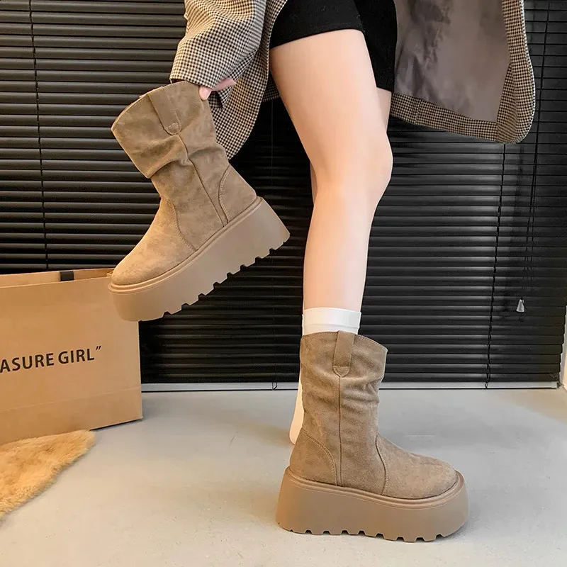 Suede Platform Ankle Boots For Women Mid Heel Walking Shoes Non Slip_voghion.com