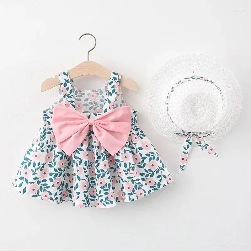 女の子のドレス2pcs夏の女の赤ちゃんビーチプリンセスドレスかわいい弓の花のない綿の幼児サンハット生まれセット