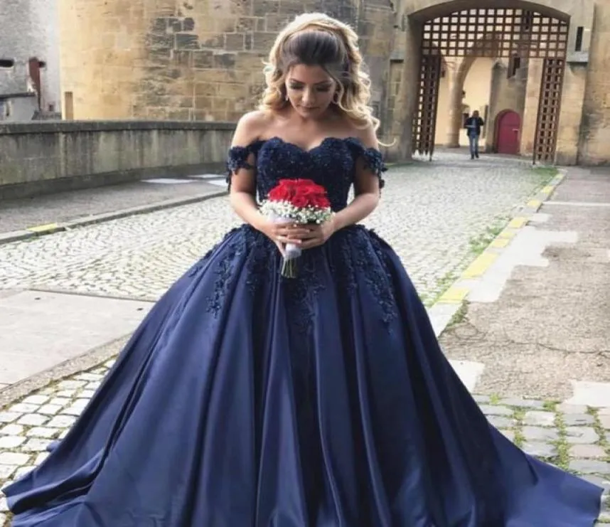 Gorgeous Navy Blue Ball Gown Quinceanera Dresses Off The Shoulder Appliques Satin Beaded Dark Green Sweet 16 Dresses Prom Dresses1781771